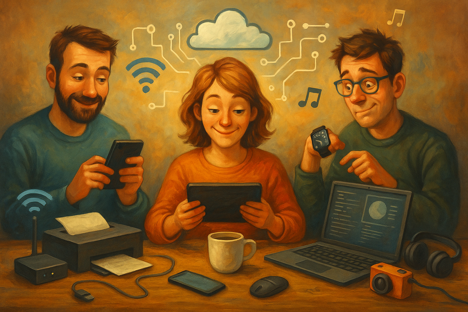 Drei Personen sitzen an einem Tisch voller technischer Geräte und digitaler Tools. Sie wirken freundlich, aber leicht überfordert, während Symbole wie WLAN, Cloud und Datenkreise über ihnen schweben. Das Bild ist im warmen, gemalten Stil gehalten und symbolisiert spielerisch den Technik-Überfluss im Arbeitsalltag.