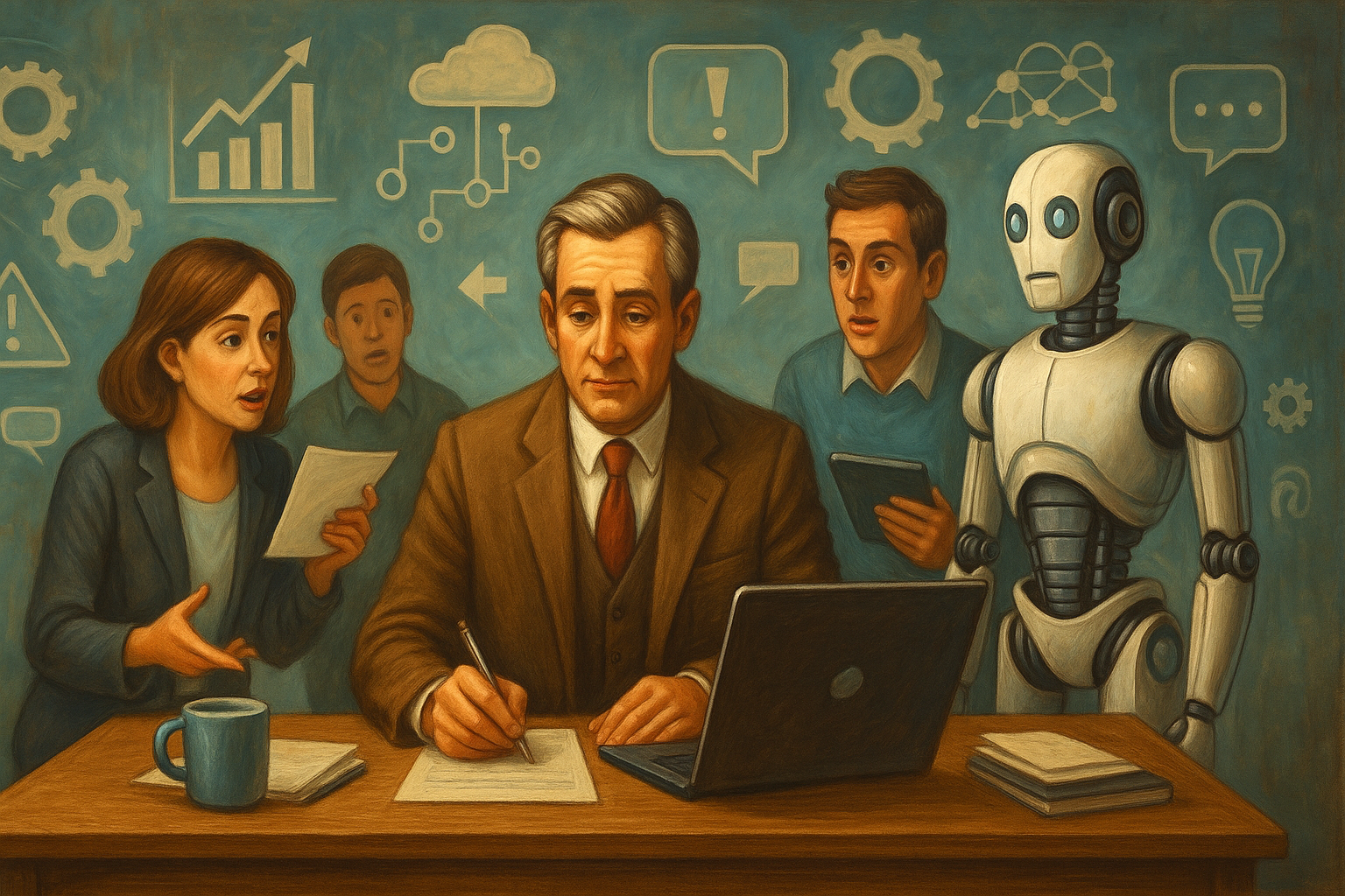 Führungskraft im Zentrum der digitalen Transformation, am Schreibtisch zwischen Team und Technologie, im stilisierten Malstil