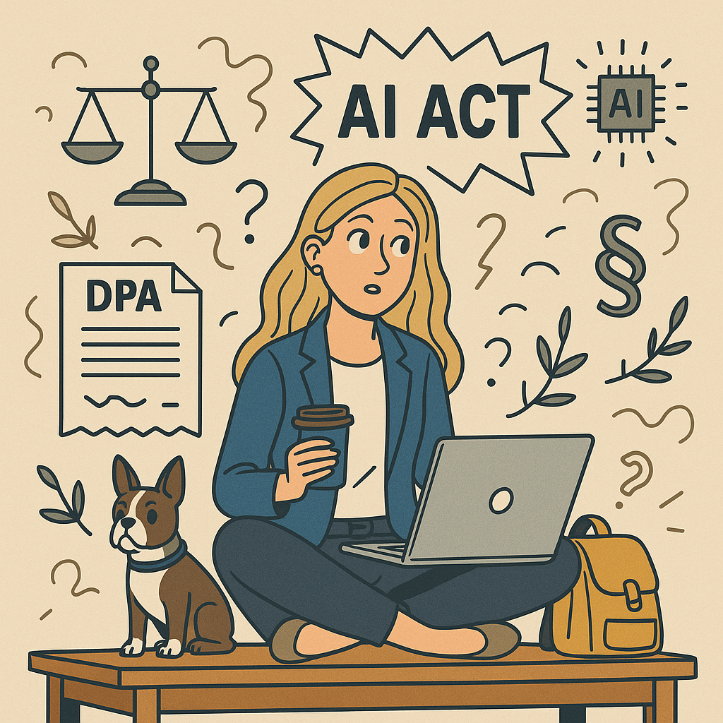Blonde Frau mit Laptop und Boston Terrier sitzt an einem Schreibtisch, umgeben von Symbolen für Datenschutz, Verträge und Künstliche Intelligenz – grafisch illustriert im modernen Flat-Style.