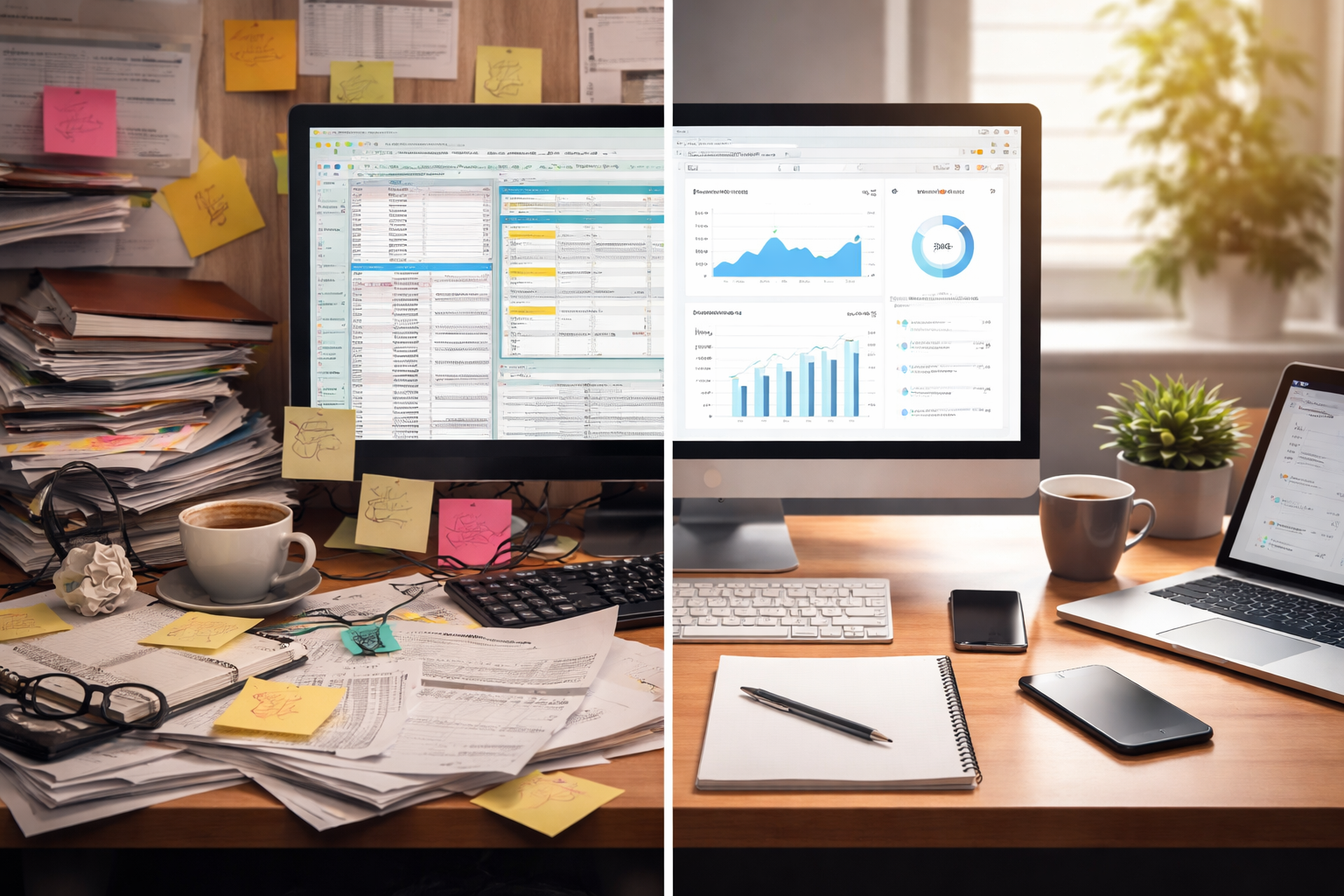 Geteiltes Bild eines Arbeitsplatzes vor und nach Digitalisierung: links ein chaotischer Schreibtisch mit Papierstapeln, Notizzetteln und überladenem Bildschirm, rechts ein aufgeräumter Arbeitsplatz mit klarem Dashboard und strukturierter digitaler Arbeitsumgebung.