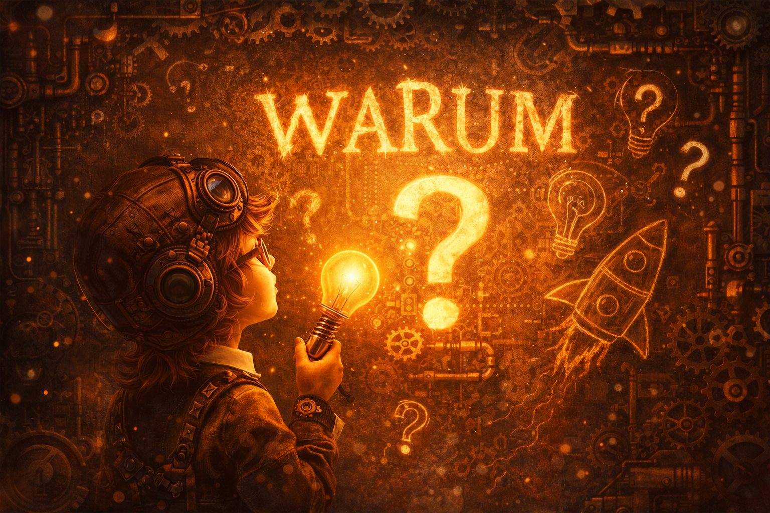 Steampunk Illustration eines Kindes mit Glühbirne und Zahnrädern, das neugierig das Wort „Warum“ betrachtet