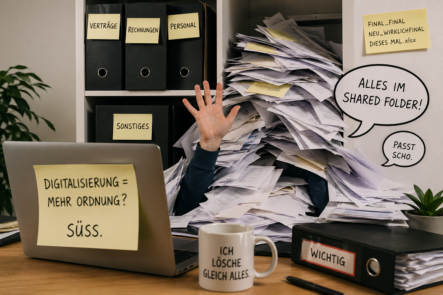 Überfüllter Schreibtisch mit Papierchaos, Ordnern und einem Laptop mit der Aufschrift „Digitalisierung = mehr Ordnung? Süß.“ Daneben eine Sprechblase mit „Alles im Shared Folder!“ – humorvolle Darstellung von ineffizienter Digitalisierung.