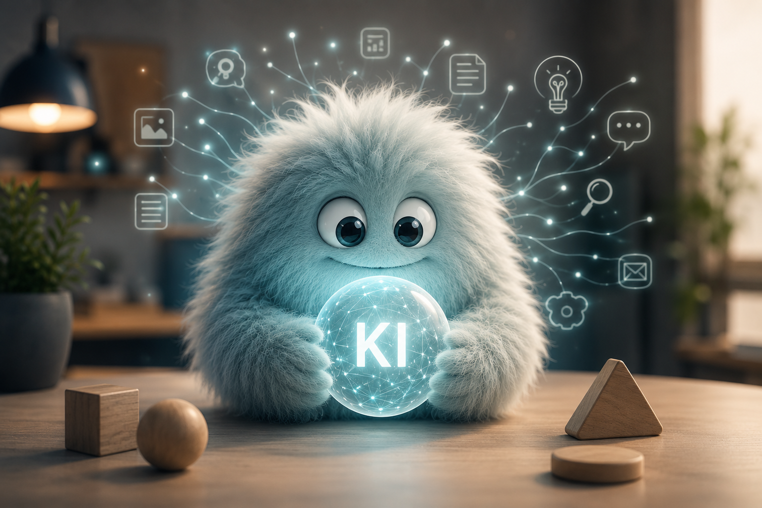 Ein flauschiges, freundliches KI-Monster sitzt nachdenklich an einem Schreibtisch und blickt neugierig in die Kamera. Die Szene symbolisiert Künstliche Intelligenz als unterstützendes Werkzeug und nicht als bedrohliche Technologie.