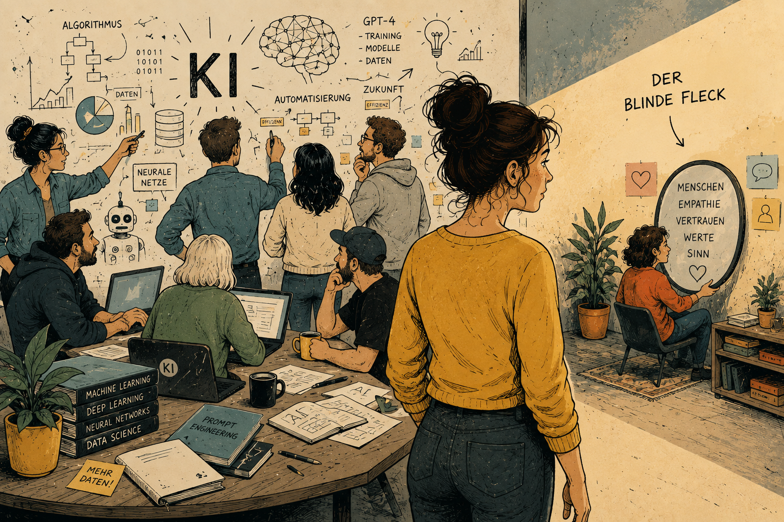Illustration eines Teams, das sich mit Künstlicher Intelligenz beschäftigt, während eine Frau den Blick auf Empathie, Vertrauen, Werte und Sinn richtet.